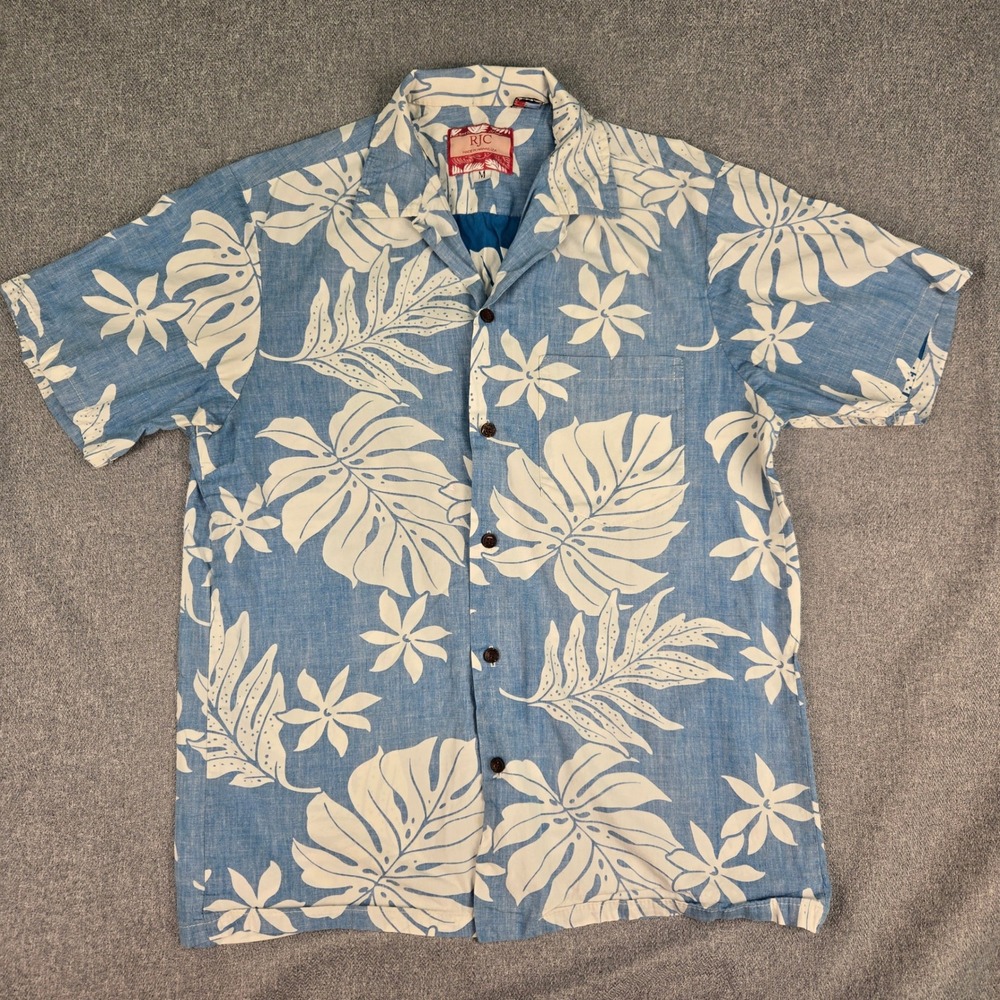RJC Mens Hawaiian Shirt Medium Blue White Monstera Floral Cotton Made in USA